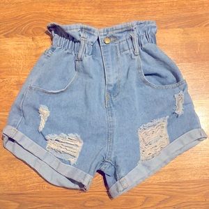 highwaisted denim distressed mom jean shorts